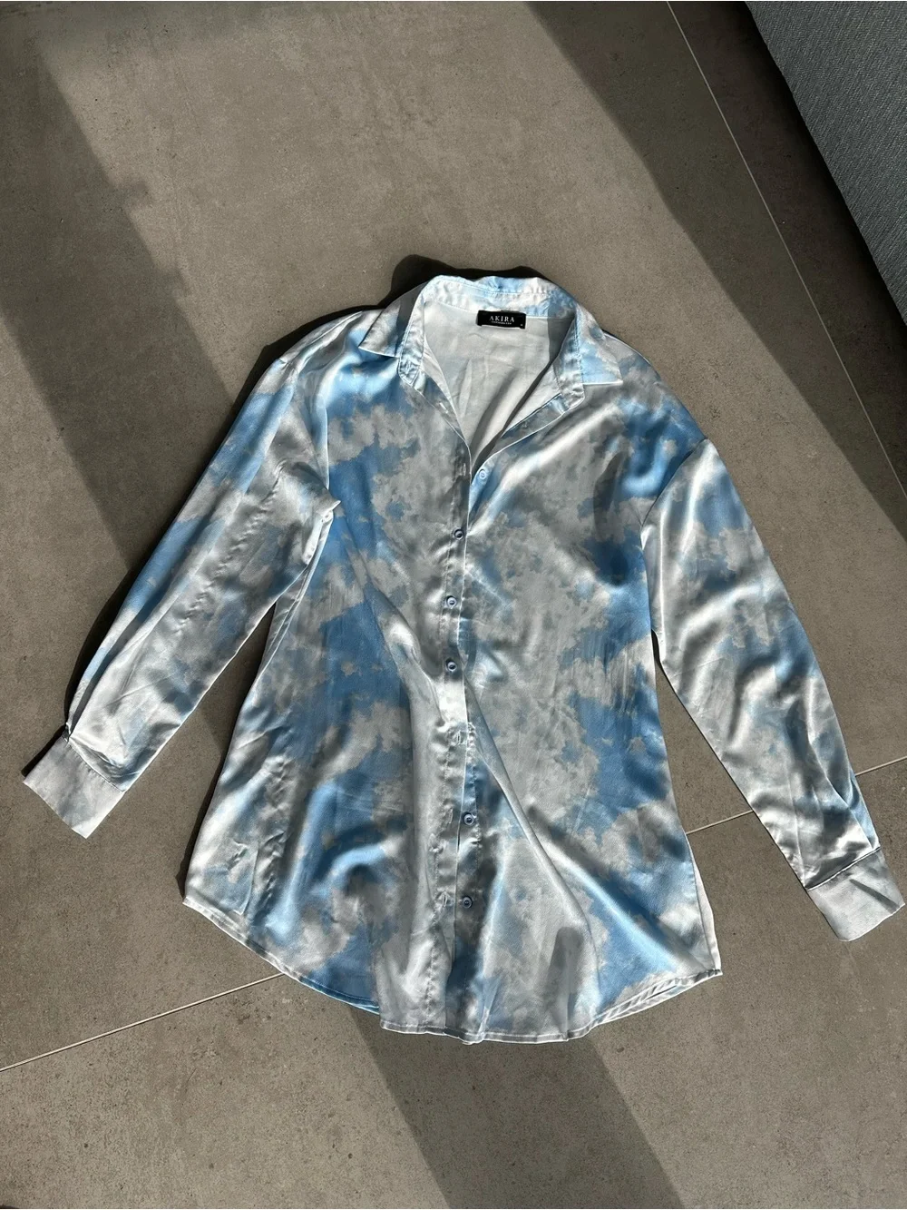 AKIRA Sky-Print Satin Corset Dress in Light Blue